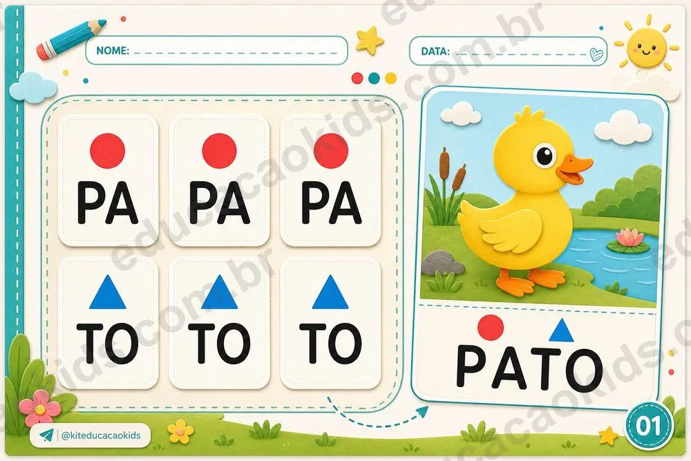 Atividade do nível 1: sílabas PA e TO formando PATO, com a imagem de um pato