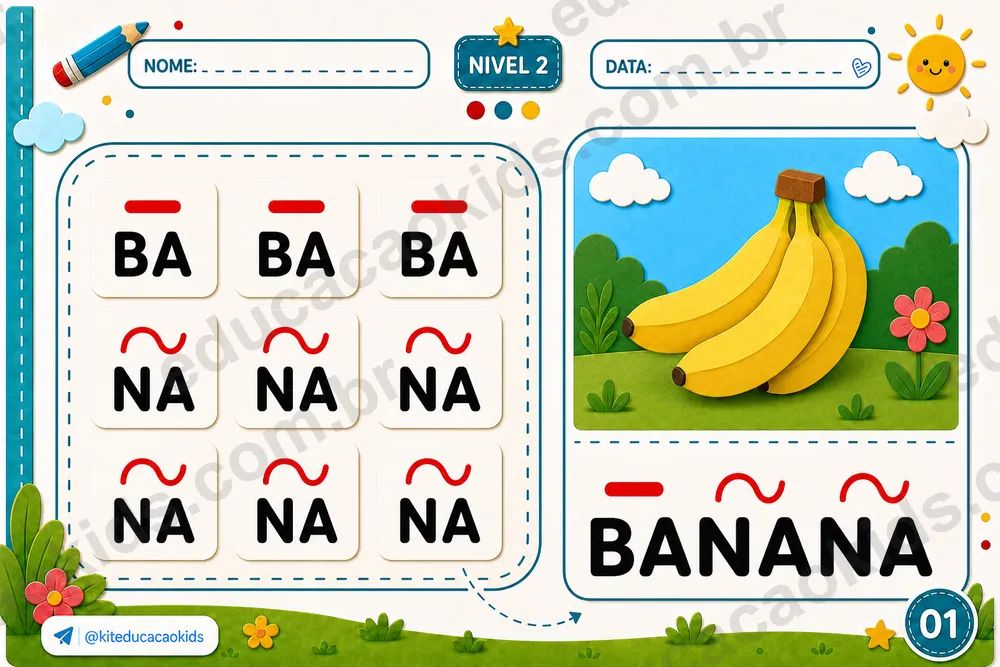 Atividade do nível 2: sílabas BA, NA e NA formando BANANA