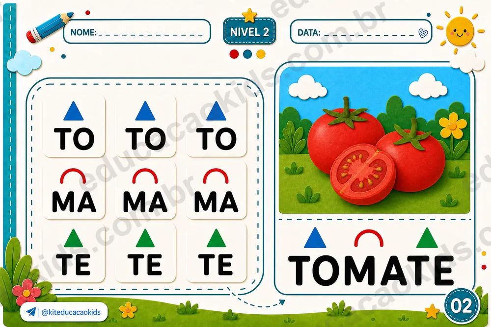 Página do kit: TOMATE. Nível 2 · 3 sílabas