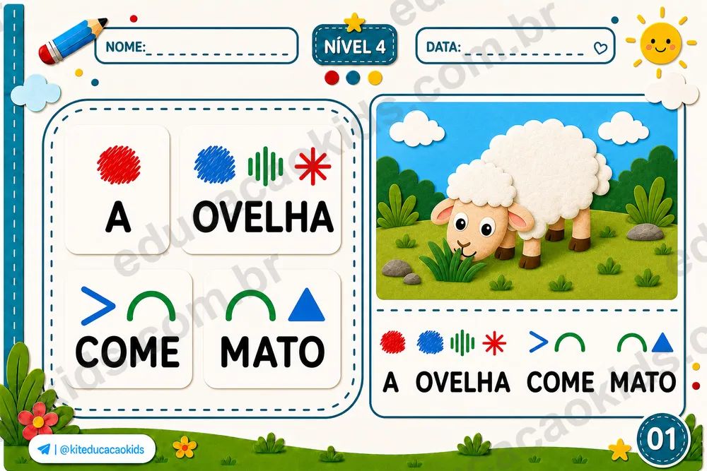 Página do kit: A OVELHA COME MATO. Nível 4 · Frases curtas