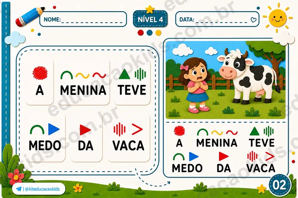 Página do kit: A MENINA TEVE MEDO DA VACA. Nível 4 · Frases curtas
